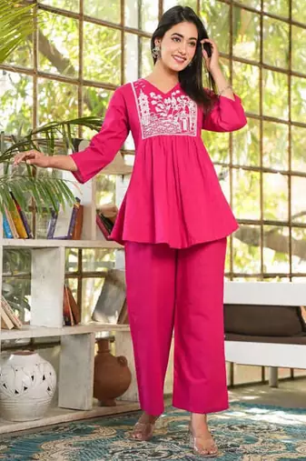 Women's rayon embroidered designer casual co ord dress rajasthani style embroidered Pink co-ord set