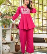 Women's rayon embroidered designer casual co ord dress rajasthani style embroidered Pink co-ord set