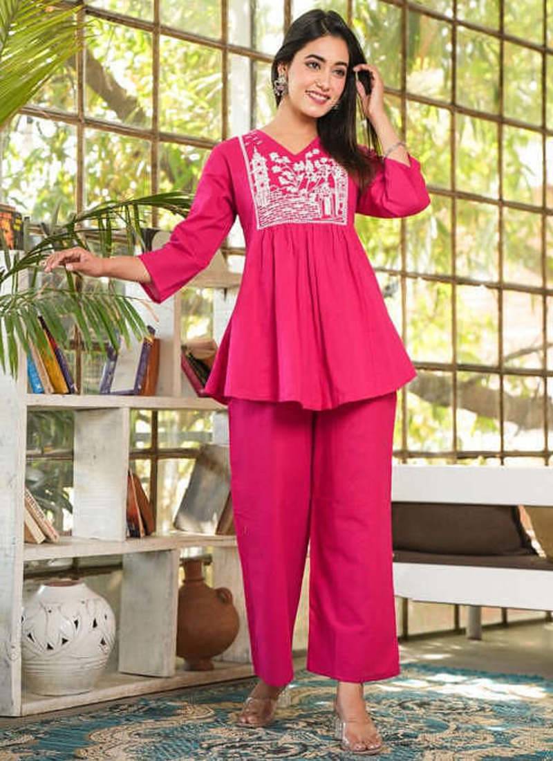 Pink Rayon Embroidered Co Ord set