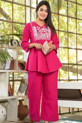 Women's rayon embroidered designer casual co ord dress rajasthani style embroidered Pink co-ord set