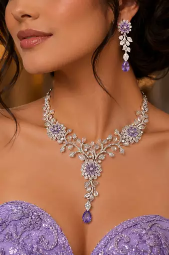 Lavender Crystal Silver Bridal Necklace Set