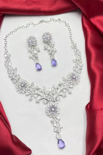 Lavender Crystal Silver Bridal Necklace Set