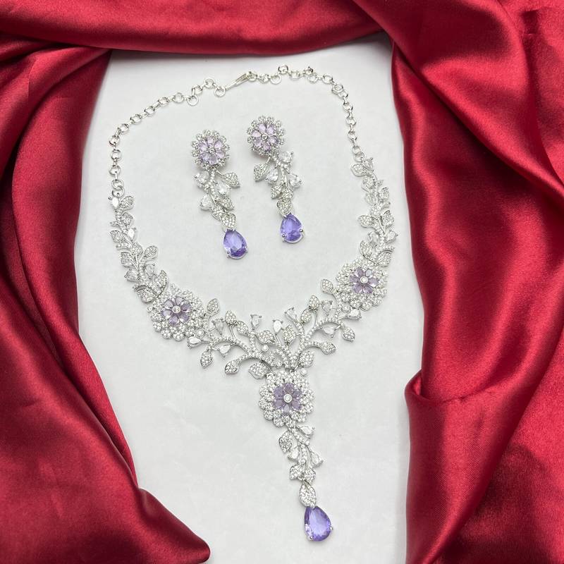 Lavender Crystal Silver Bridal Necklace Set