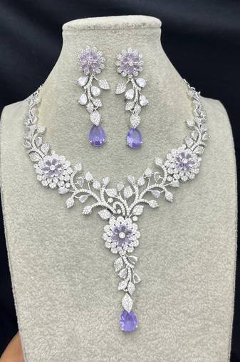 Lavender Crystal Silver Bridal Necklace Set