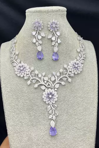 Lavender Crystal Silver Bridal Necklace Set