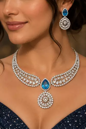 Blue Topaz CZ Silver Bridal Choker Set
