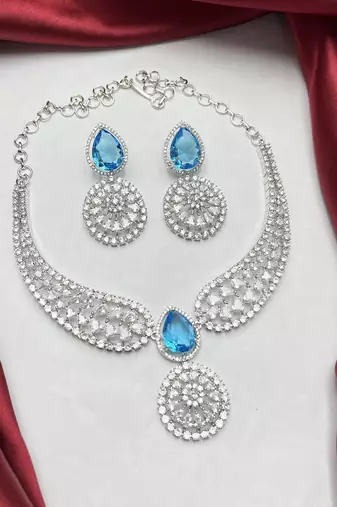 Blue Topaz CZ Silver Bridal Choker Set