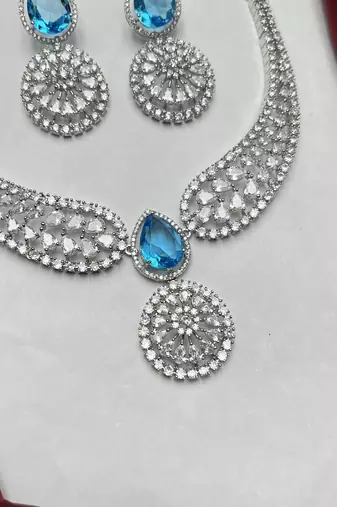 Blue Topaz CZ Silver Bridal Choker Set