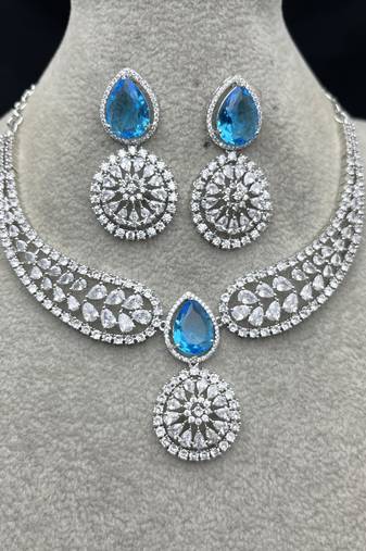 Blue Topaz CZ Silver Bridal Choker Set