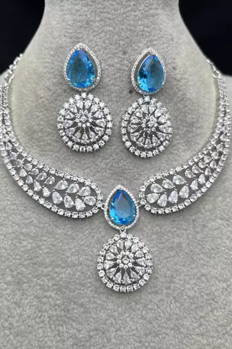 Blue Topaz CZ Silver Bridal Choker Set