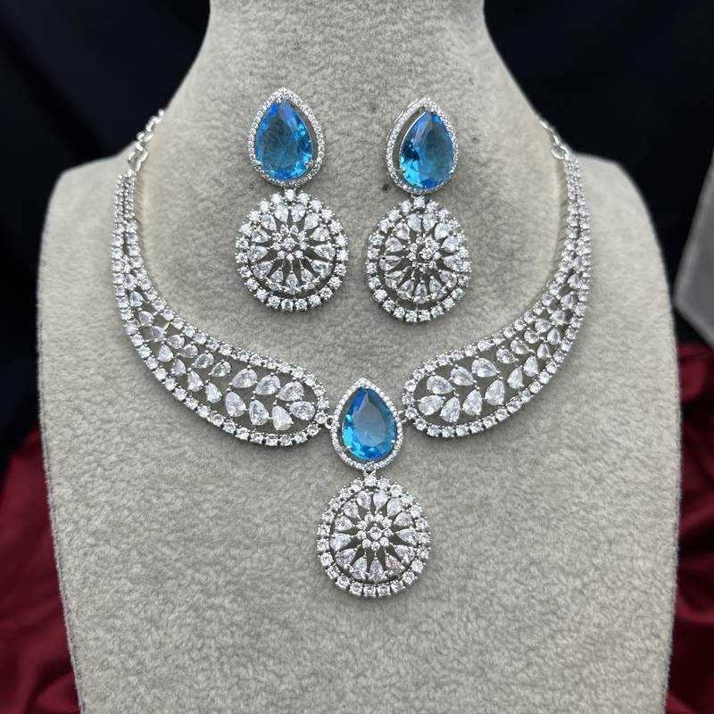Blue Topaz CZ Silver Bridal Choker Set