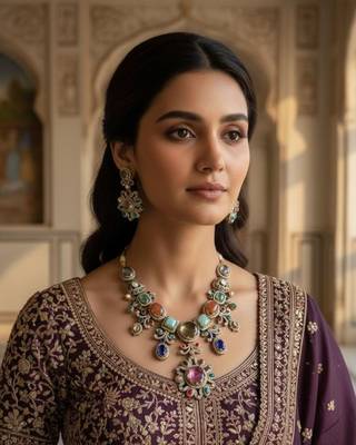 Sabhyaraa Royal Navratna Kundan Bridal Set Heavy 18K Gold Plated Jewellery 2