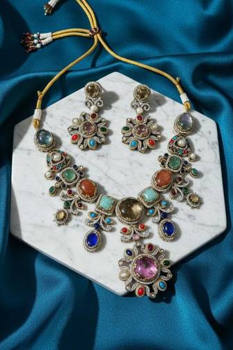 Sabhyaraa Royal Navratna Kundan Bridal Set Heavy 18K Gold Plated Jewellery