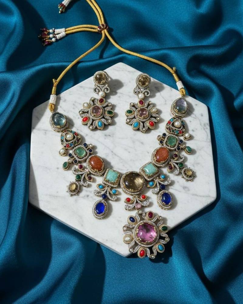 Sabhyaraa Royal Navratna Kundan Bridal Set Heavy 18K Gold Plated Jewellery