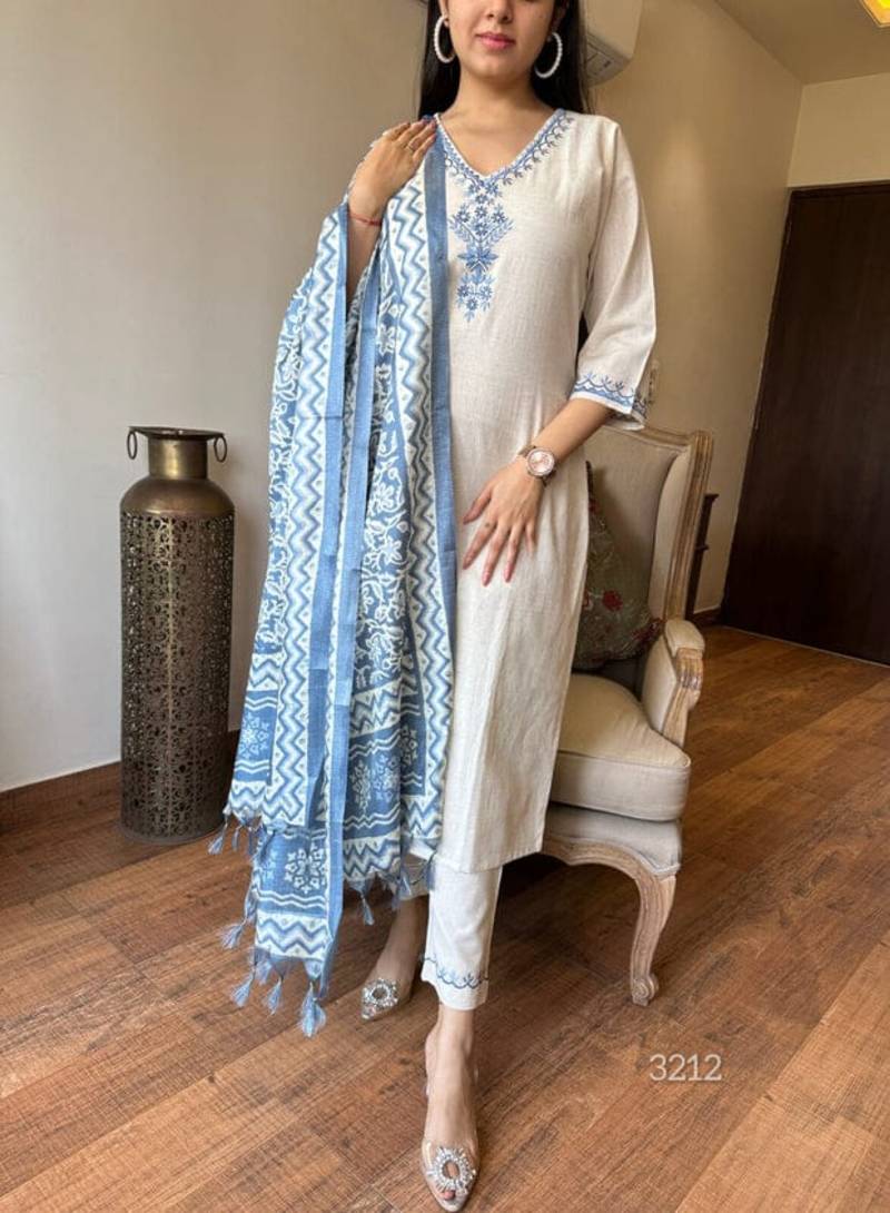 Cotton Embroidered Kurta Pant with Dupatta