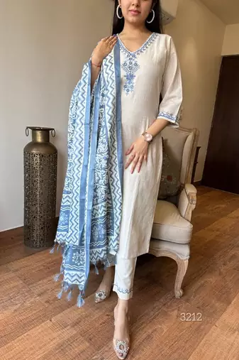 Cotton Embroidered Kurta Pant with Dupatta