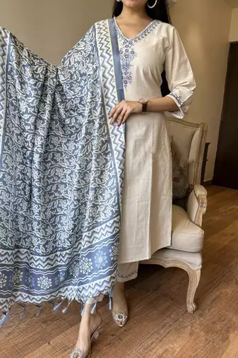 Women's Khadi Handmade Cotton Designer Embroidered Ethnic A Line Kurti With Pant & Dupatta Set