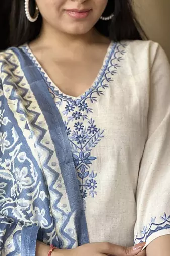Women's Khadi Handmade Cotton Designer Embroidered Ethnic A Line Kurti With Pant & Dupatta Set