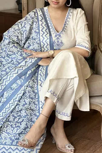 Women's Khadi Handmade Cotton Designer Embroidered Ethnic A Line Kurti With Pant & Dupatta Set