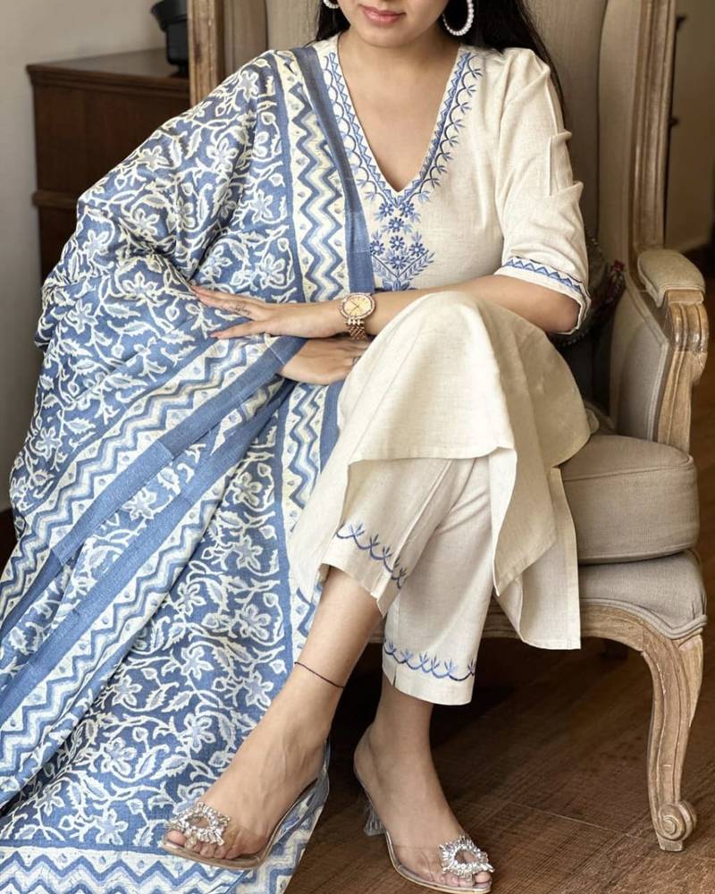 Cotton Embroidered Kurta Pant with Dupatta