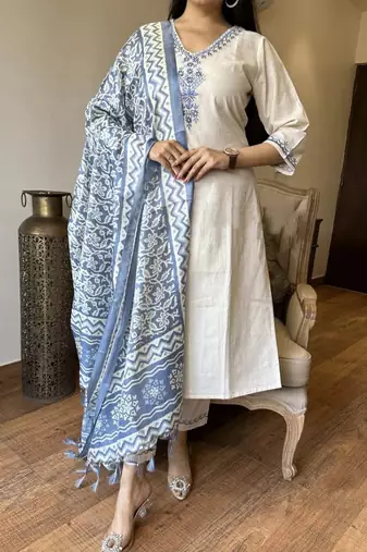 Women's Khadi Handmade Cotton Designer Embroidered Ethnic A Line Kurti With Pant & Dupatta Set
