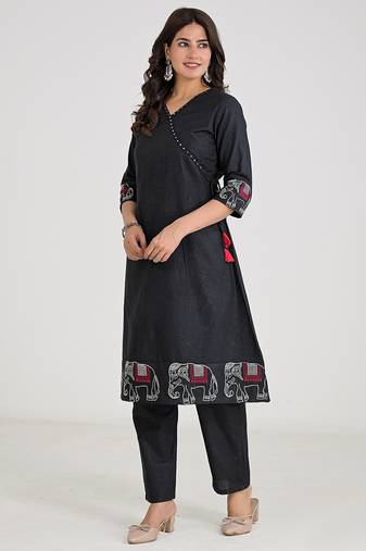 Black Cotton Embroidered Kurta Pant with Dupatta