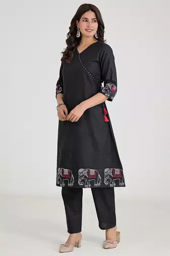 Black Cotton Embroidered Kurta Pant with Dupatta