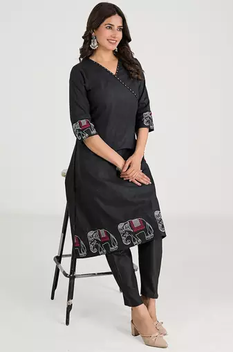 Women's Black Khadi Cotton Angrakha Kurta Set with Jaipuri & Rajasthani Handmade Elephant Embroidery