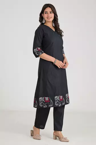 Women's Black Khadi Cotton Angrakha Kurta Set with Jaipuri & Rajasthani Handmade Elephant Embroidery