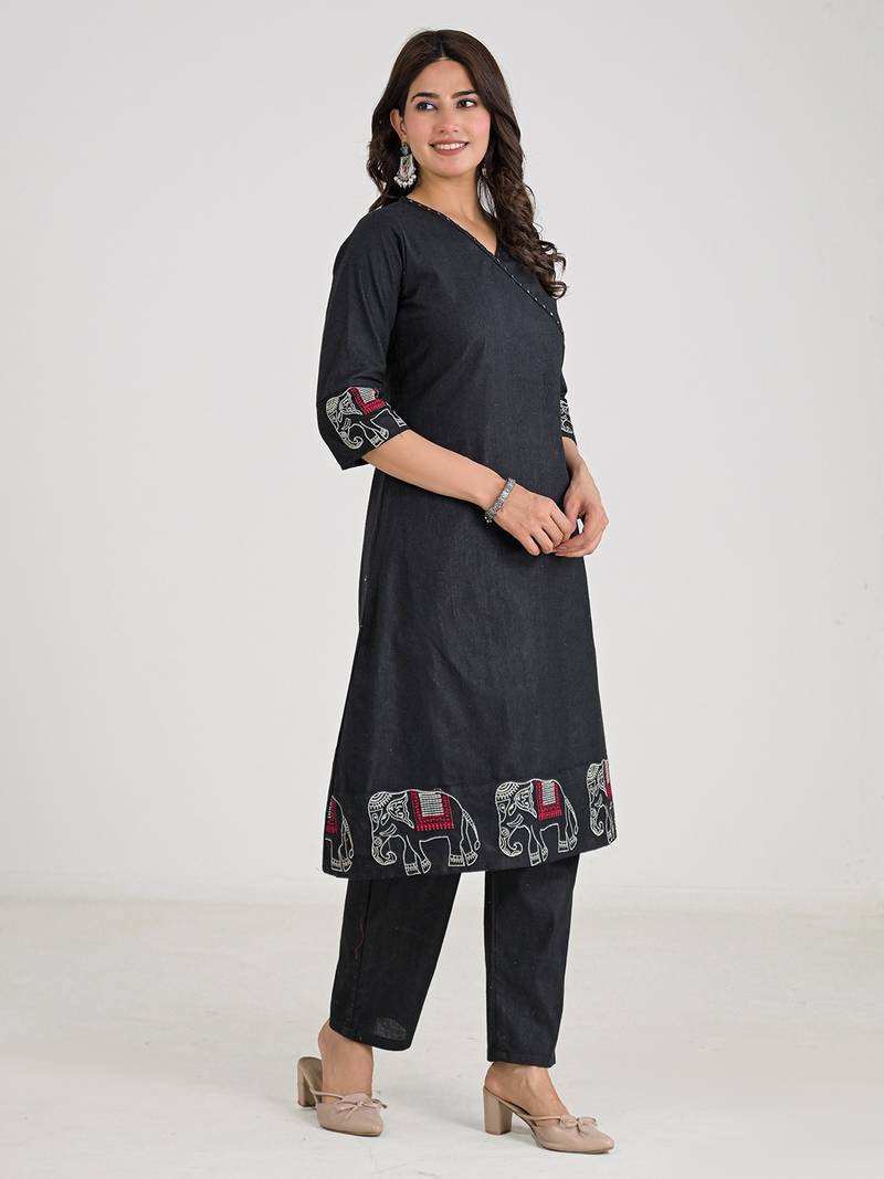 Black Cotton Embroidered Kurta Pant with Dupatta