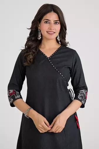 Women's Black Khadi Cotton Angrakha Kurta Set with Jaipuri & Rajasthani Handmade Elephant Embroidery