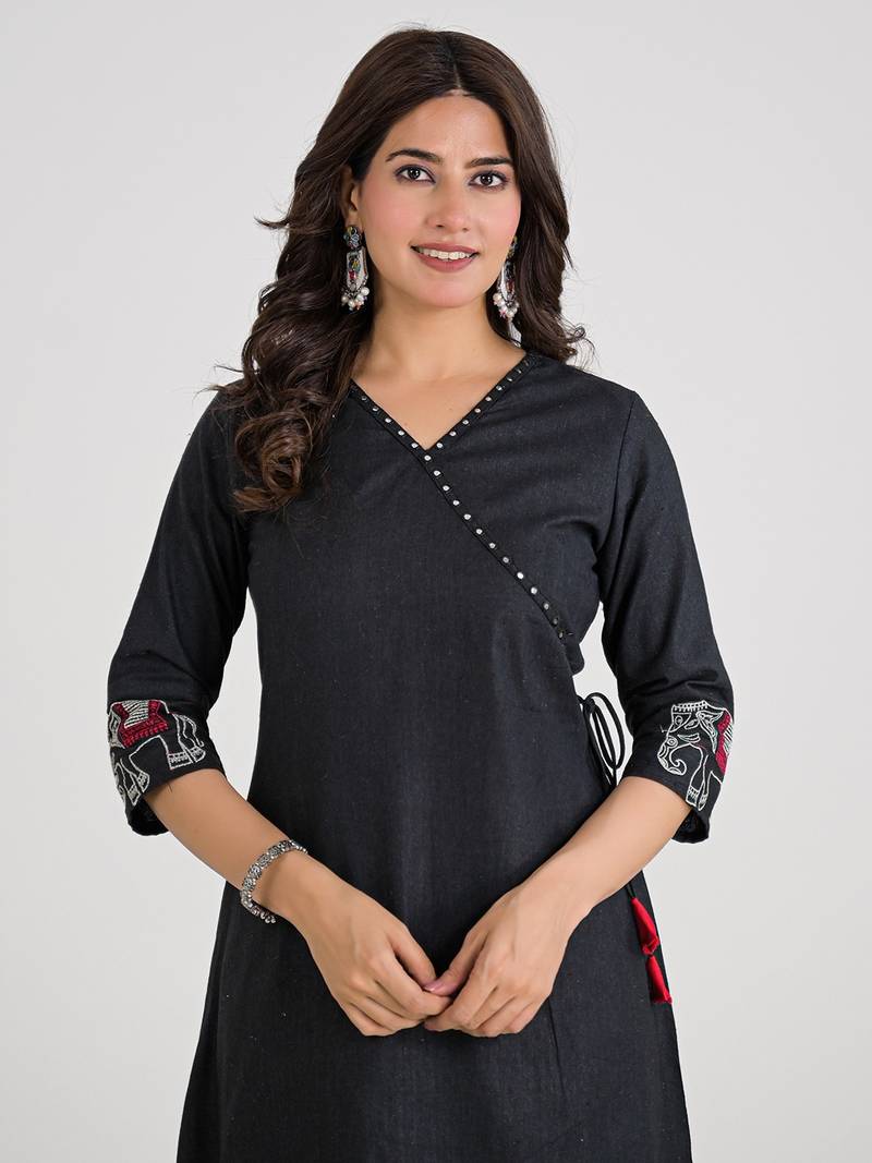 Black Cotton Embroidered Kurta Pant with Dupatta