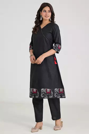 Women's Black Khadi Cotton Angrakha Kurta Set with Jaipuri & Rajasthani Handmade Elephant Embroidery