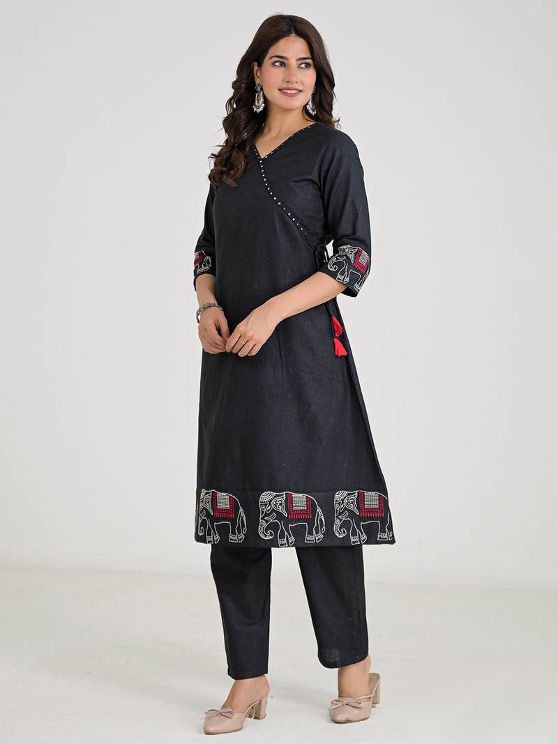 Black Cotton Embroidered Kurta Pant with Dupatta