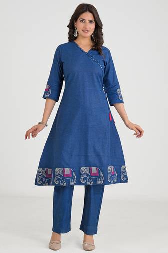 Blue Cotton Embroidered Kurta Pant with Dupatta