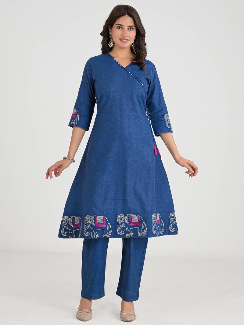 Blue Cotton Embroidered Kurta Pant with Dupatta