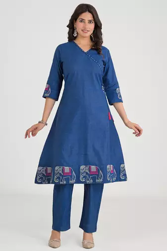 Women's khadi cotton angrakha kurta set with jaipuri handmade elephant embroidery