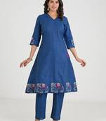 Blue Cotton Embroidered Kurta Pant with Dupatta