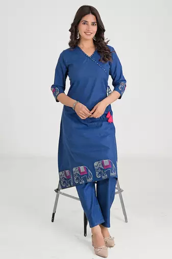 Women's khadi cotton angrakha kurta set with jaipuri handmade elephant embroidery