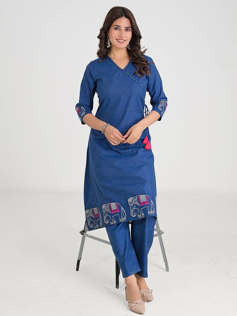 Blue Cotton Embroidered Kurta Pant with Dupatta