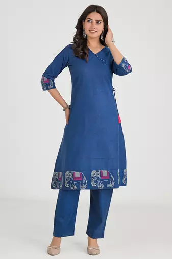 Women's khadi cotton angrakha kurta set with jaipuri handmade elephant embroidery