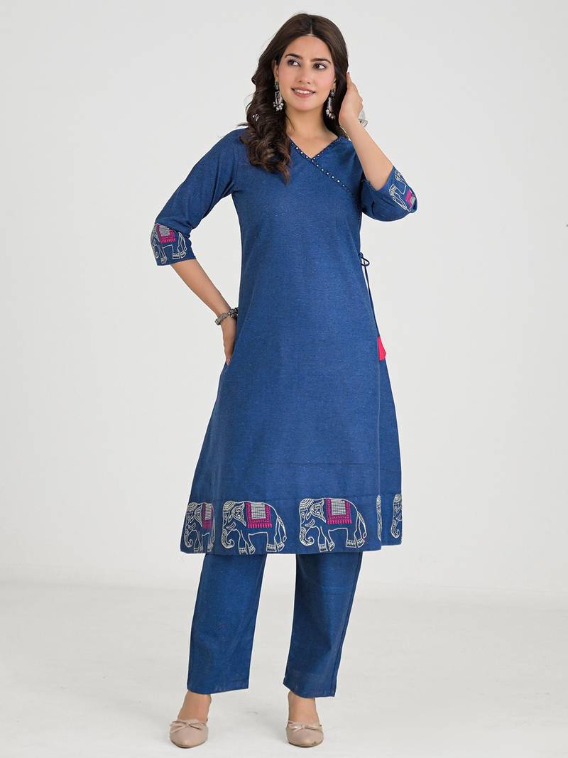 Blue Cotton Embroidered Kurta Pant with Dupatta