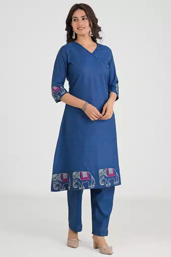 Women's khadi cotton angrakha kurta set with jaipuri handmade elephant embroidery