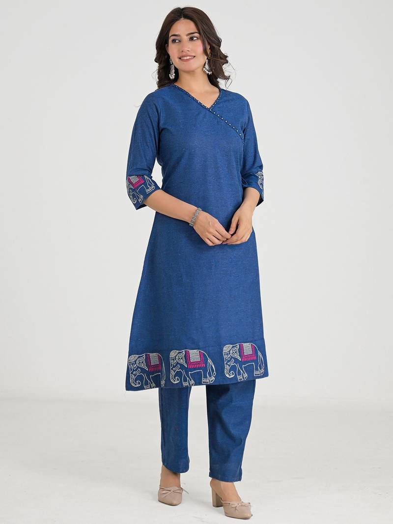 Blue Cotton Embroidered Kurta Pant with Dupatta