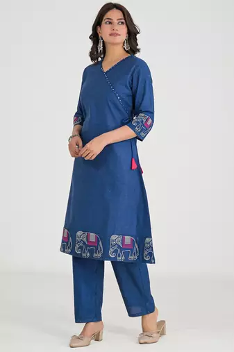 Women's khadi cotton angrakha kurta set with jaipuri handmade elephant embroidery