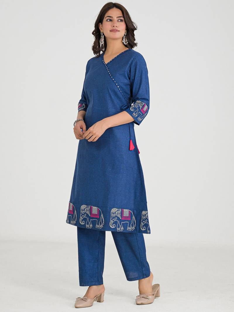 Blue Cotton Embroidered Kurta Pant with Dupatta