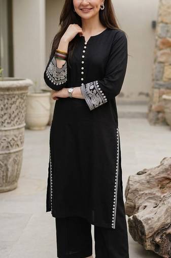 Black Cotton Embroidered Kurta Pant with Dupatta