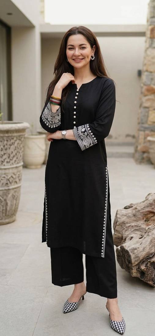 Black Cotton Embroidered Kurta Pant with Dupatta