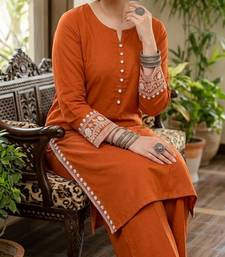 Women's rayon embroidered pakistani Designer Casual & Festive Wear Orange suit set 