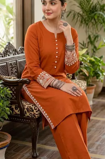 Women's rayon embroidered pakistani Designer Casual & Festive Wear Orange suit set 